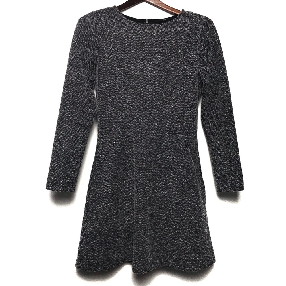 H&M Gray Herringbone Skater Pocket Dress Size 6